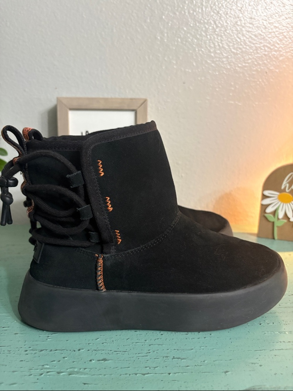 Women’s  Black Suede Ankle Boots with Orange Accent